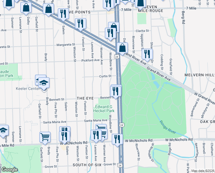 map of restaurants, bars, coffee shops, grocery stores, and more near 17638 Woodbine Street in Detroit