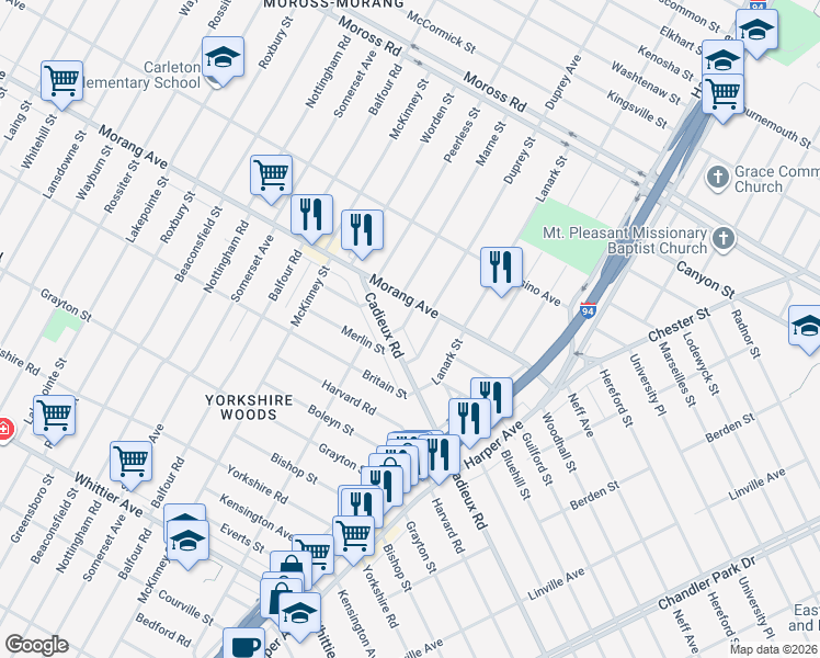 map of restaurants, bars, coffee shops, grocery stores, and more near 10141 Duprey Street in Detroit