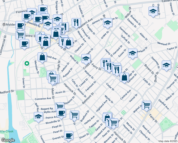 map of restaurants, bars, coffee shops, grocery stores, and more near 24 Oxford Street in Malden