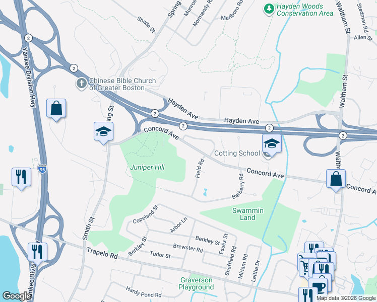 map of restaurants, bars, coffee shops, grocery stores, and more near 3 Field Road in Lexington