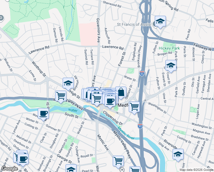 map of restaurants, bars, coffee shops, grocery stores, and more near 48 Forest Street in Medford