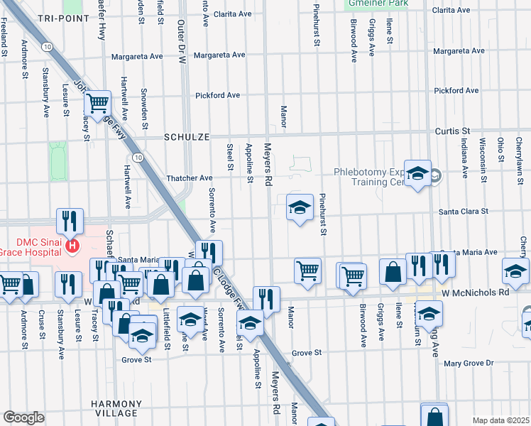 map of restaurants, bars, coffee shops, grocery stores, and more near 17509 Meyers Road in Detroit