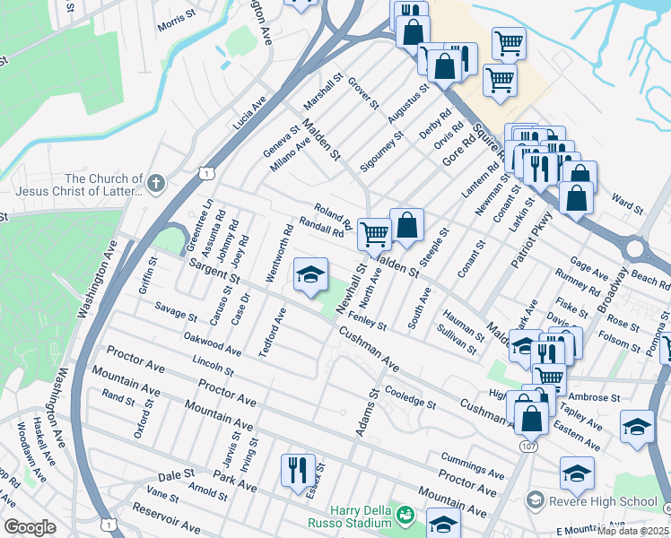 map of restaurants, bars, coffee shops, grocery stores, and more near 28 Festa Road in Revere