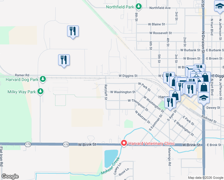 map of restaurants, bars, coffee shops, grocery stores, and more near 807 West Washington Street in Harvard