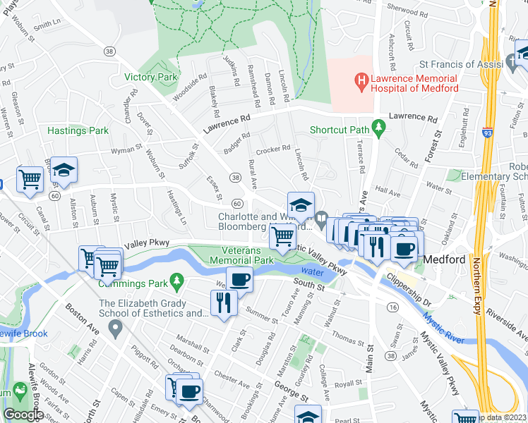 map of restaurants, bars, coffee shops, grocery stores, and more near 160 High Street in Medford