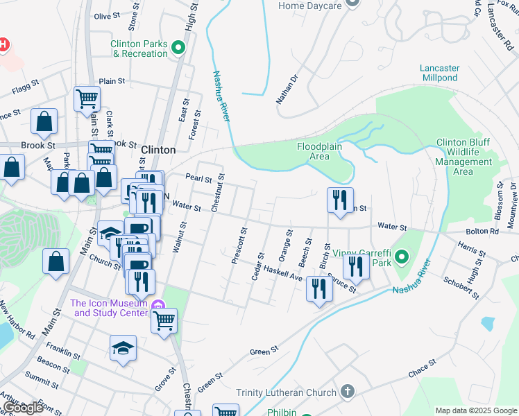 map of restaurants, bars, coffee shops, grocery stores, and more near 244 Water Street in Clinton