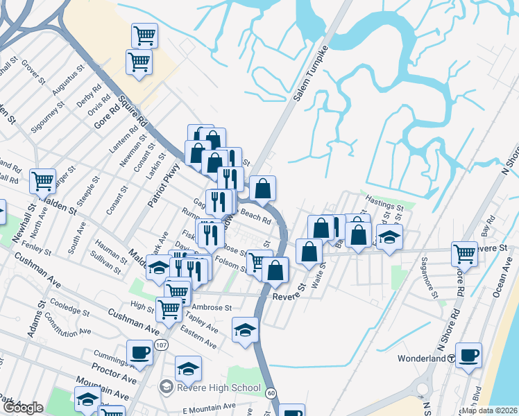 map of restaurants, bars, coffee shops, grocery stores, and more near in Revere