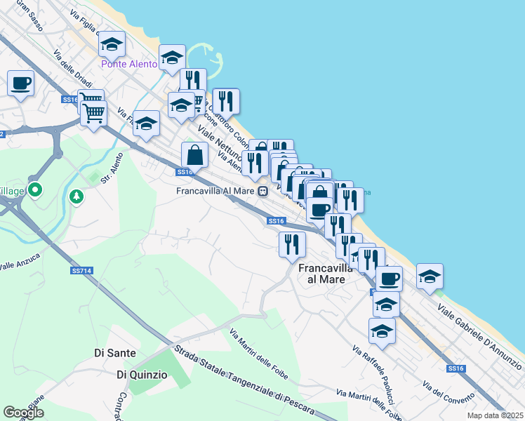 map of restaurants, bars, coffee shops, grocery stores, and more near 54 Salita San Franco in Francavilla Al Mare