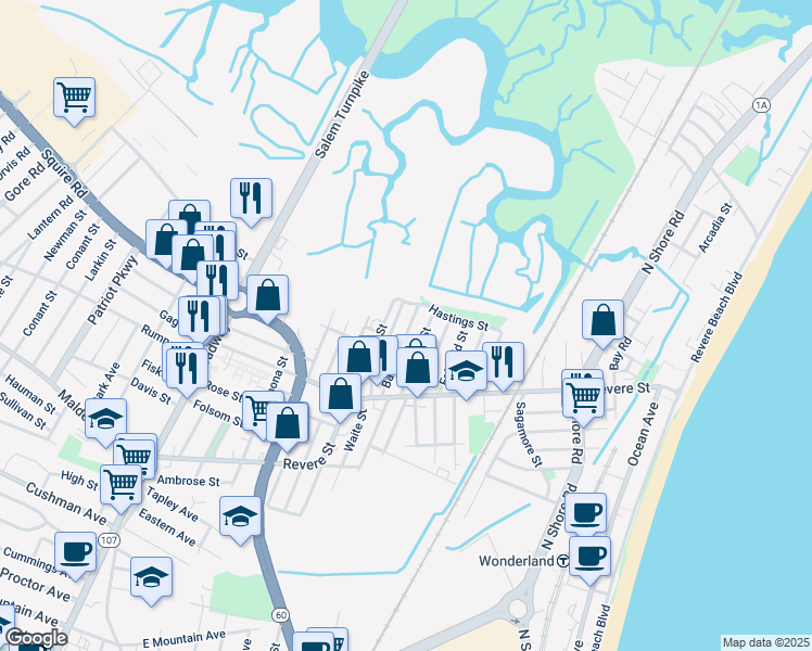 map of restaurants, bars, coffee shops, grocery stores, and more near 55 Bates Street in Revere