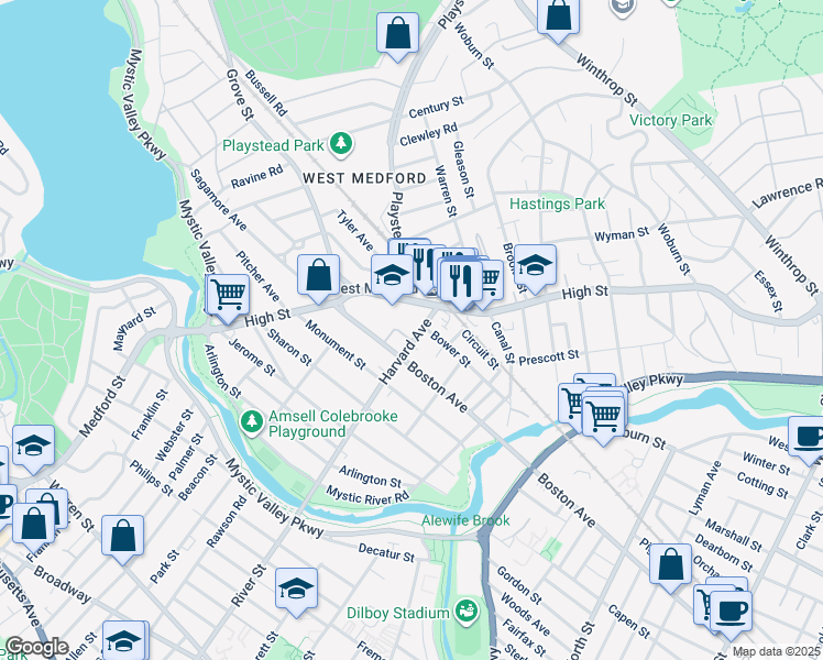 map of restaurants, bars, coffee shops, grocery stores, and more near 29 Harvard Avenue in Medford