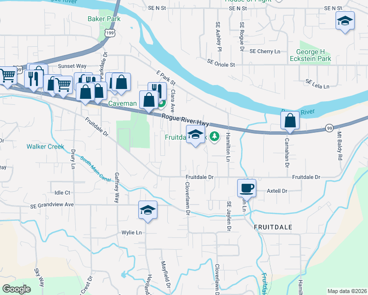 map of restaurants, bars, coffee shops, grocery stores, and more near 1560 Bill Baker Way in Grants Pass