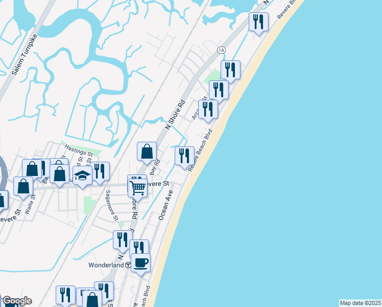 map of restaurants, bars, coffee shops, grocery stores, and more near 350 Revere Beach Boulevard in Revere