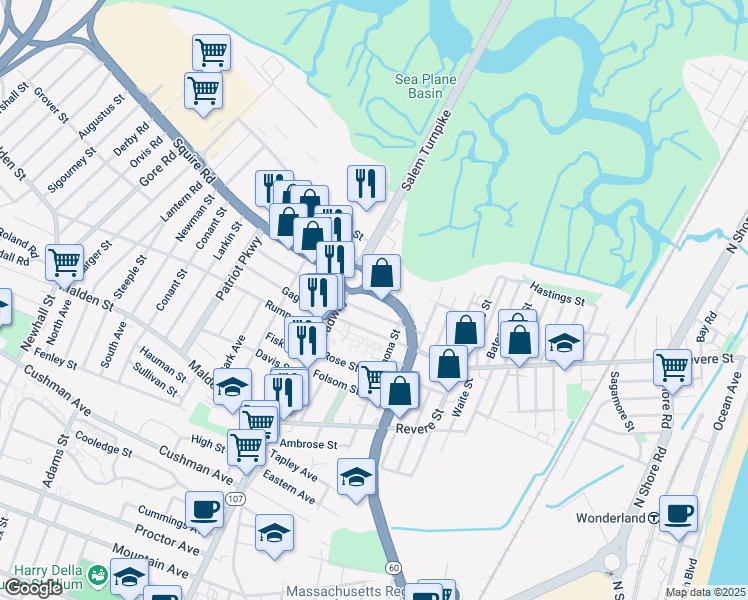 map of restaurants, bars, coffee shops, grocery stores, and more near in Revere