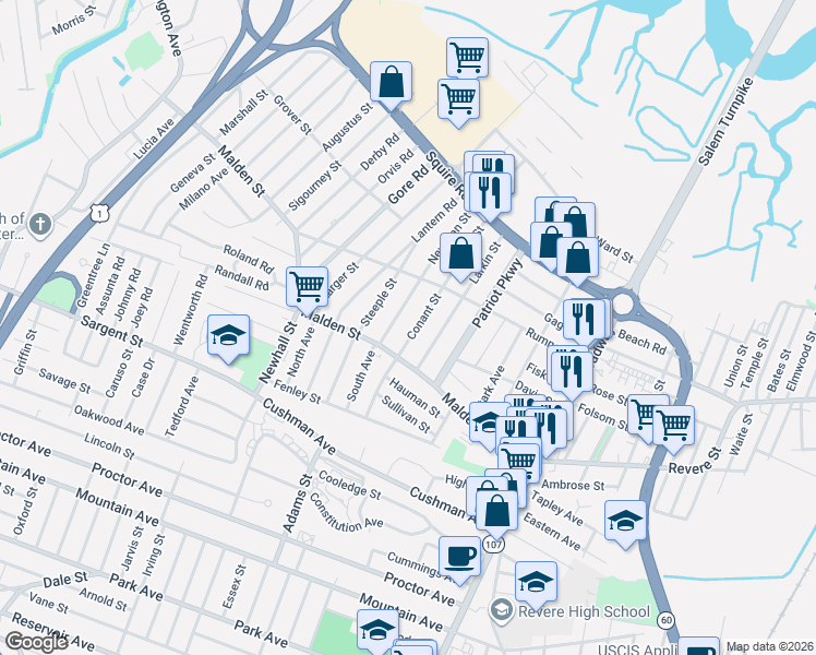map of restaurants, bars, coffee shops, grocery stores, and more near 99 Conant Street in Revere