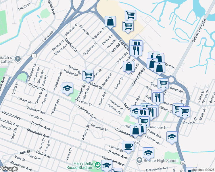 map of restaurants, bars, coffee shops, grocery stores, and more near 226 Malden Street in Revere