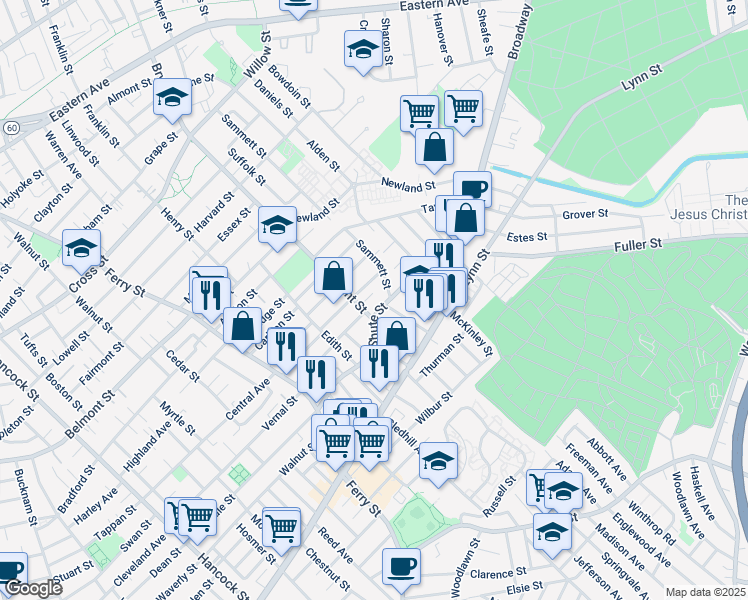 map of restaurants, bars, coffee shops, grocery stores, and more near 6 Bryant Street in Everett