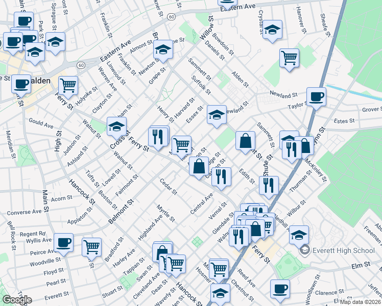 map of restaurants, bars, coffee shops, grocery stores, and more near 16 Ashton Street in Everett