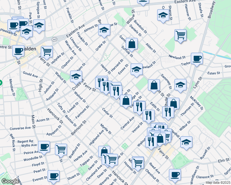 map of restaurants, bars, coffee shops, grocery stores, and more near 16 Ashton Street in Everett