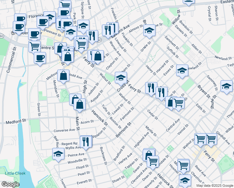 map of restaurants, bars, coffee shops, grocery stores, and more near 24 Oxford Street in Malden