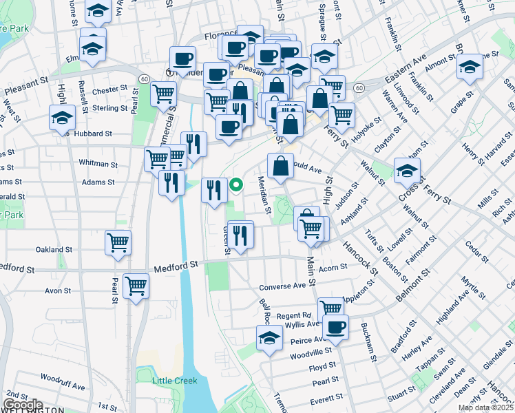map of restaurants, bars, coffee shops, grocery stores, and more near 12 Shawmut Street in Malden