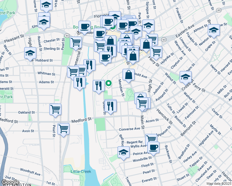 map of restaurants, bars, coffee shops, grocery stores, and more near 12 Shawmut Street in Malden