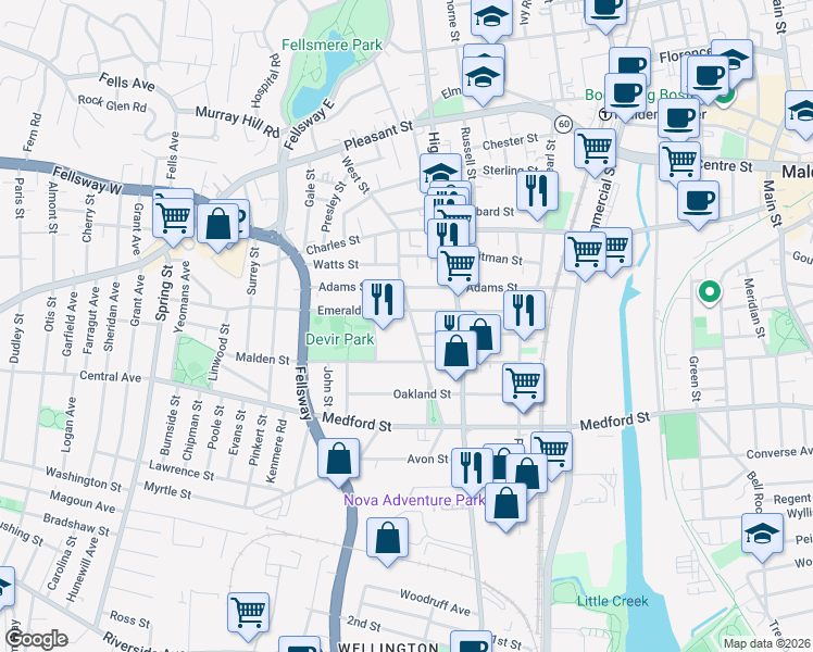 map of restaurants, bars, coffee shops, grocery stores, and more near 187 West Street in Malden