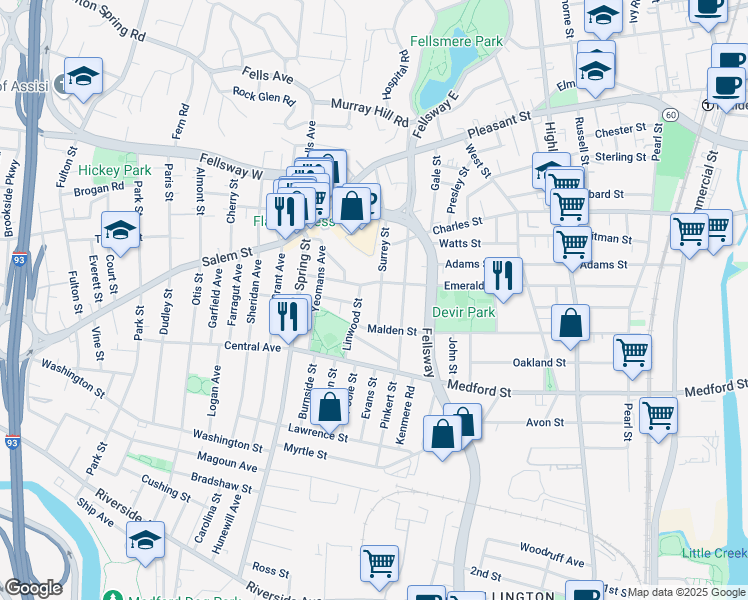 map of restaurants, bars, coffee shops, grocery stores, and more near 55 Surrey Street in Medford