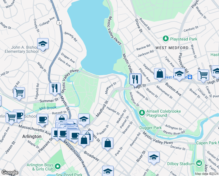 map of restaurants, bars, coffee shops, grocery stores, and more near 166 Medford Street in Arlington