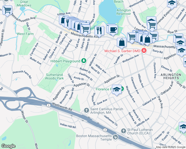 map of restaurants, bars, coffee shops, grocery stores, and more near 167 Wollaston Avenue in Arlington