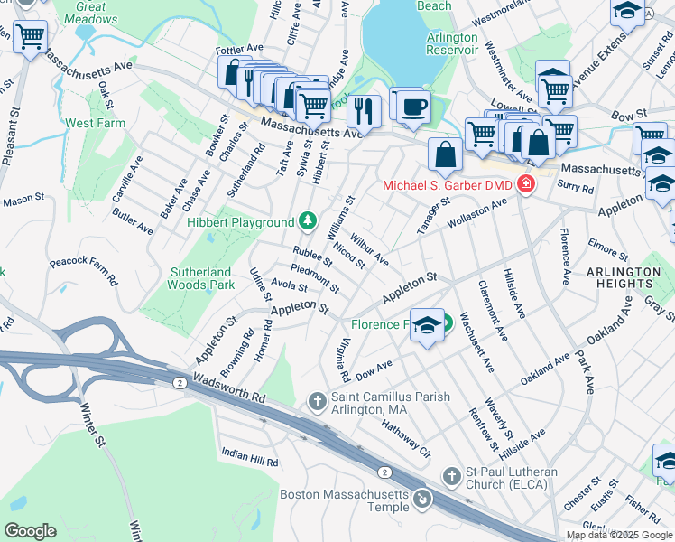 map of restaurants, bars, coffee shops, grocery stores, and more near 167 Wollaston Avenue in Arlington