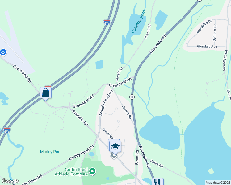 map of restaurants, bars, coffee shops, grocery stores, and more near 10 Muddy Pond Road in Sterling