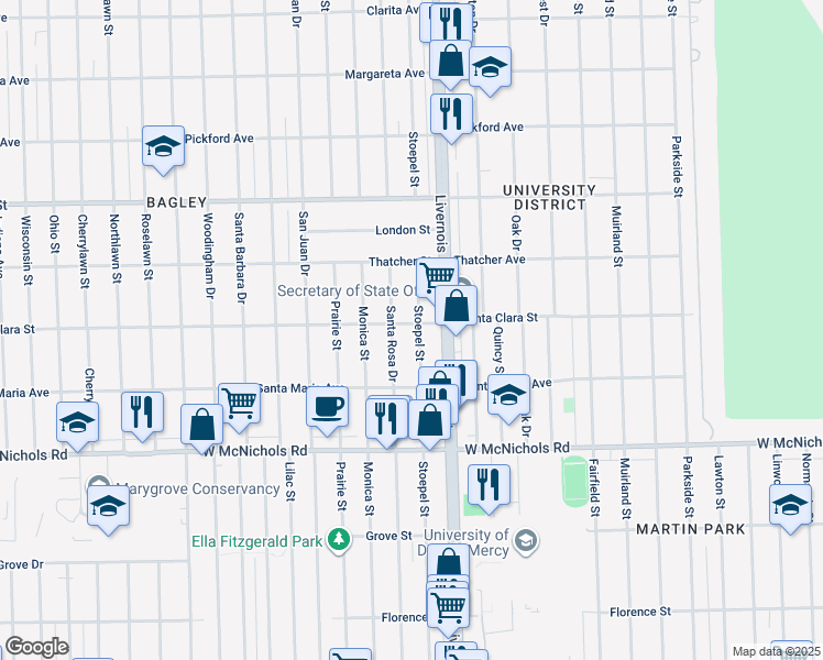 map of restaurants, bars, coffee shops, grocery stores, and more near 17370 Stoepel Street in Detroit
