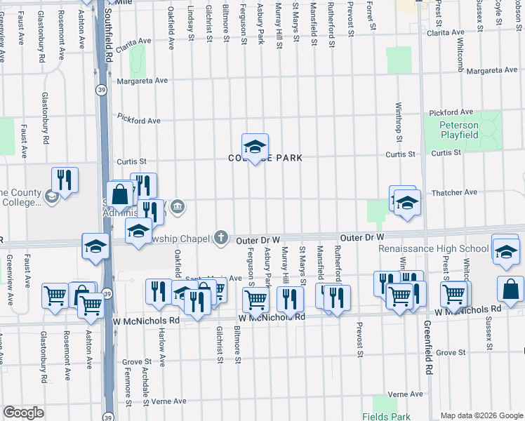 map of restaurants, bars, coffee shops, grocery stores, and more near 17531 Asbury Park in Detroit