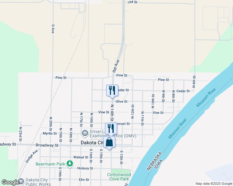 map of restaurants, bars, coffee shops, grocery stores, and more near 500-598 N 14th St in Dakota City