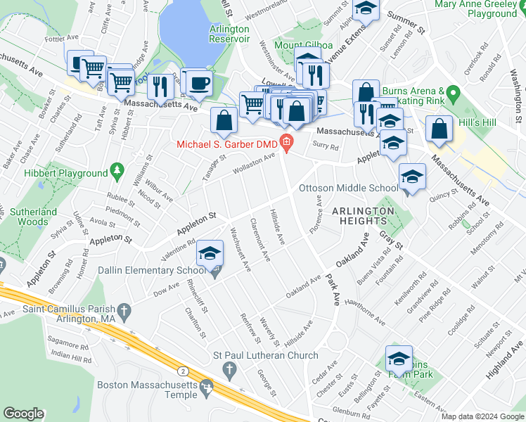 map of restaurants, bars, coffee shops, grocery stores, and more near 178 Appleton Street in Arlington