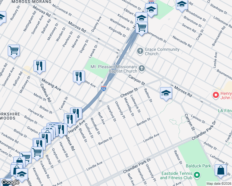 map of restaurants, bars, coffee shops, grocery stores, and more near 17736 Chester Street in Detroit