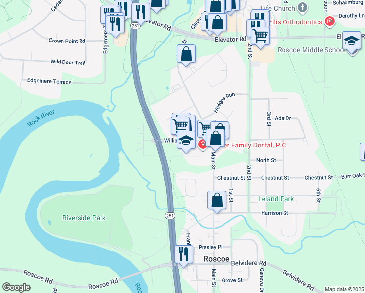 map of restaurants, bars, coffee shops, grocery stores, and more near 5410 Pine Lane in Roscoe