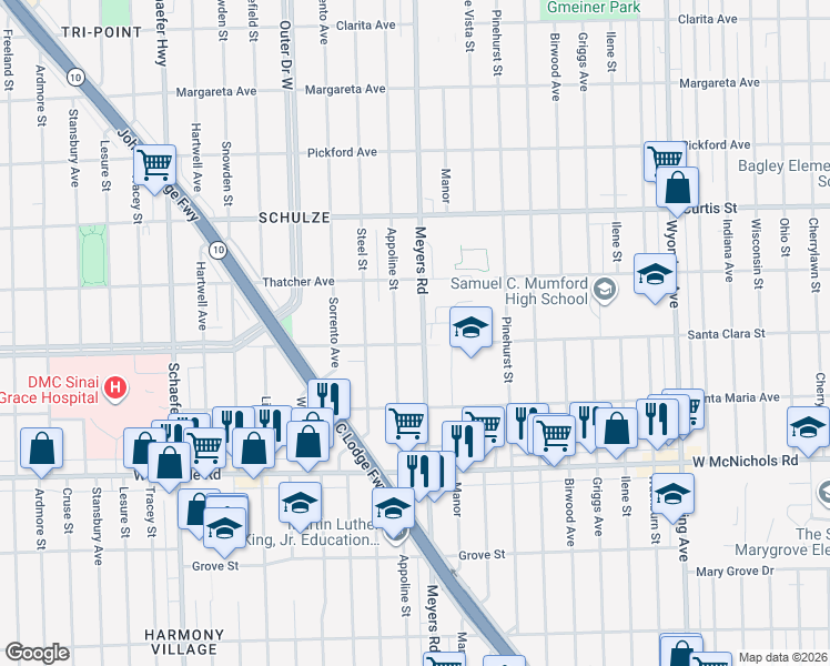 map of restaurants, bars, coffee shops, grocery stores, and more near 12705 Santa Clara Street in Detroit