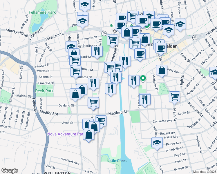 map of restaurants, bars, coffee shops, grocery stores, and more near 10 Riverside Park in Malden