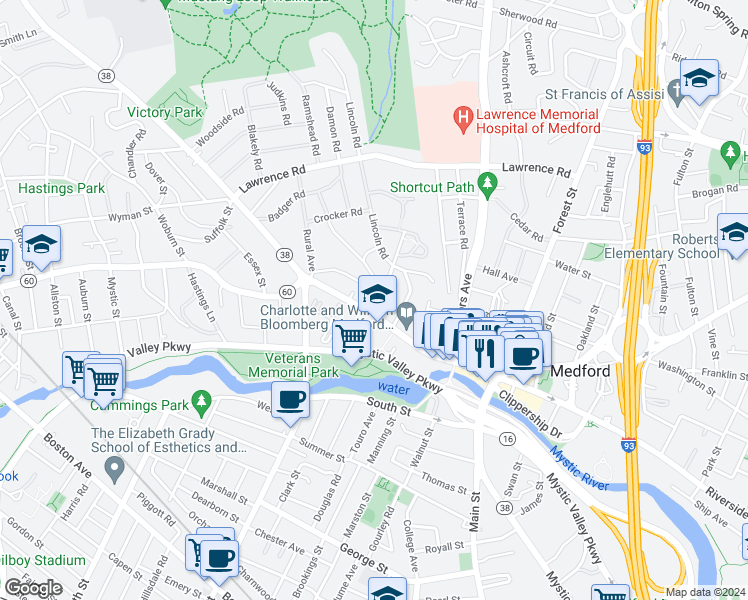 map of restaurants, bars, coffee shops, grocery stores, and more near 147 High Street in Medford