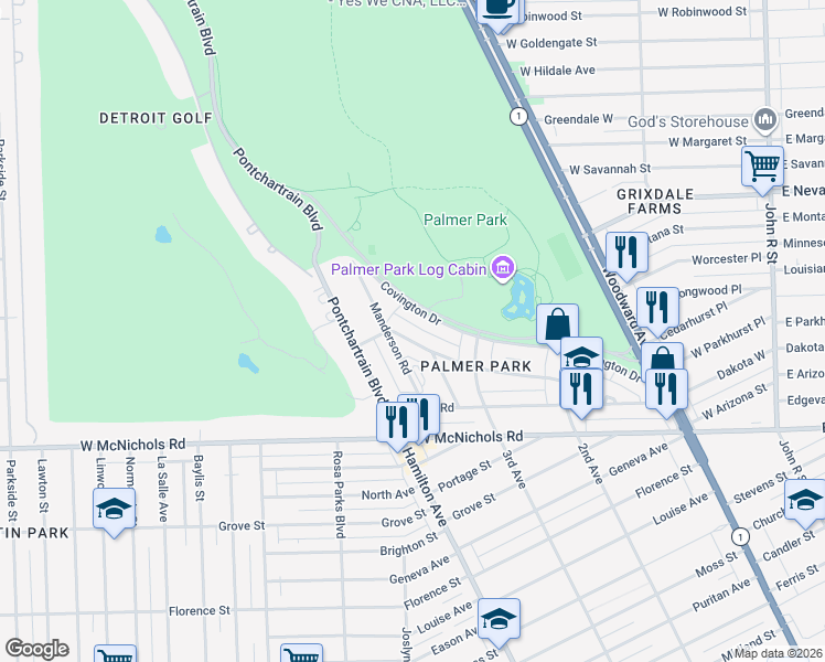 map of restaurants, bars, coffee shops, grocery stores, and more near 950 Whitmore Road in Detroit