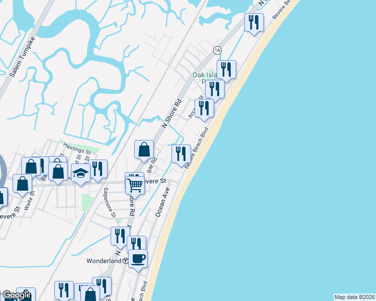 map of restaurants, bars, coffee shops, grocery stores, and more near 350 Revere Beach Boulevard in Revere