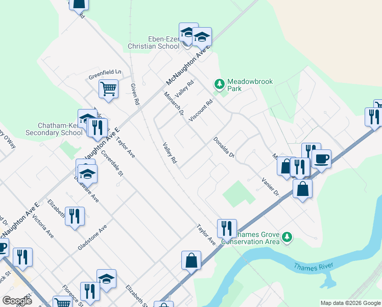 map of restaurants, bars, coffee shops, grocery stores, and more near 224 Valley Road in Chatham