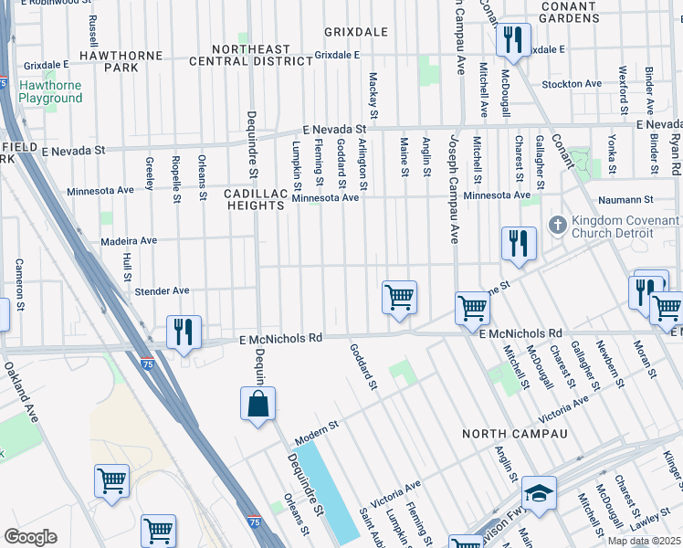 map of restaurants, bars, coffee shops, grocery stores, and more near 17202 Fleming Street in Detroit