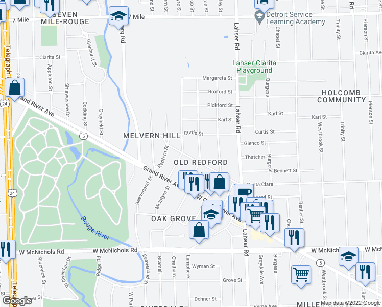 map of restaurants, bars, coffee shops, grocery stores, and more near 22350 Willmarth in Detroit