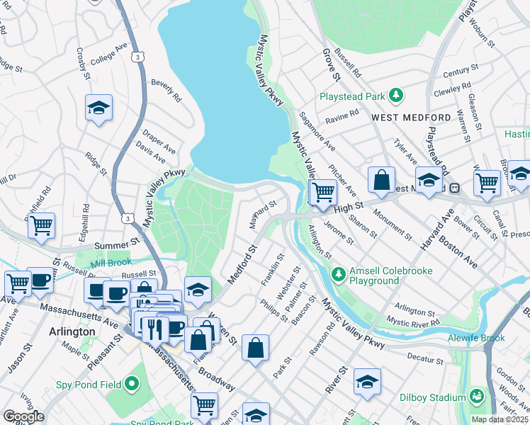 map of restaurants, bars, coffee shops, grocery stores, and more near 166 Medford Street in Arlington