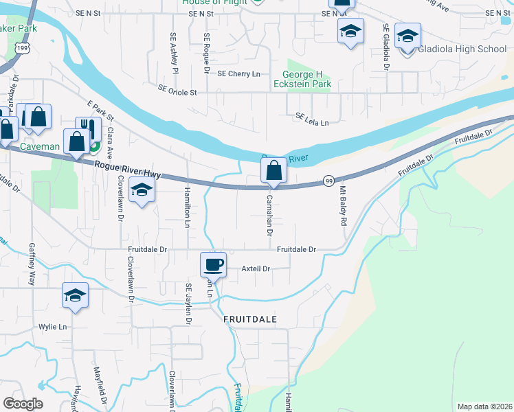 map of restaurants, bars, coffee shops, grocery stores, and more near 1602 Carnahan Drive in Grants Pass
