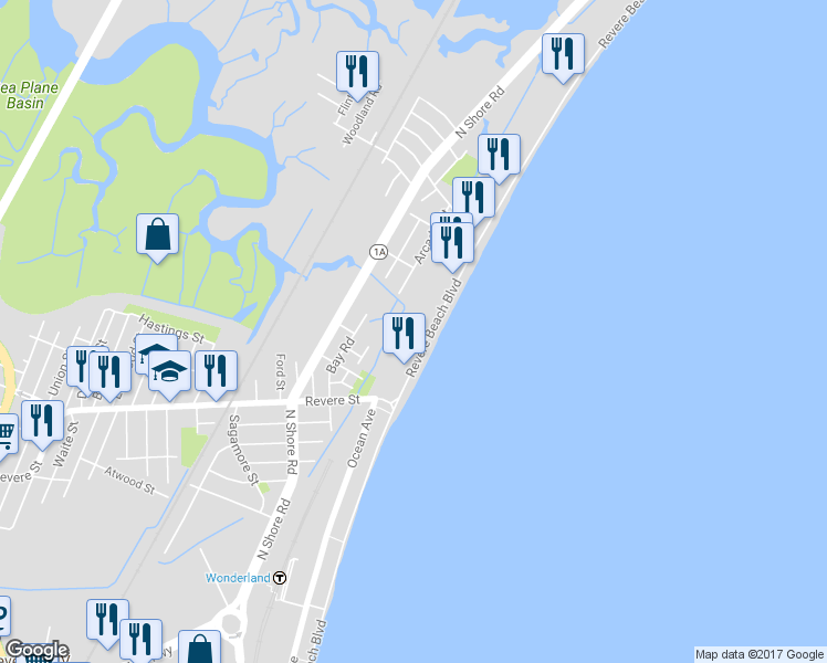 map of restaurants, bars, coffee shops, grocery stores, and more near 350 Revere Beach Boulevard in Revere