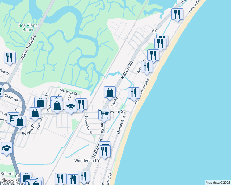 map of restaurants, bars, coffee shops, grocery stores, and more near 3 Clinton Road in Revere