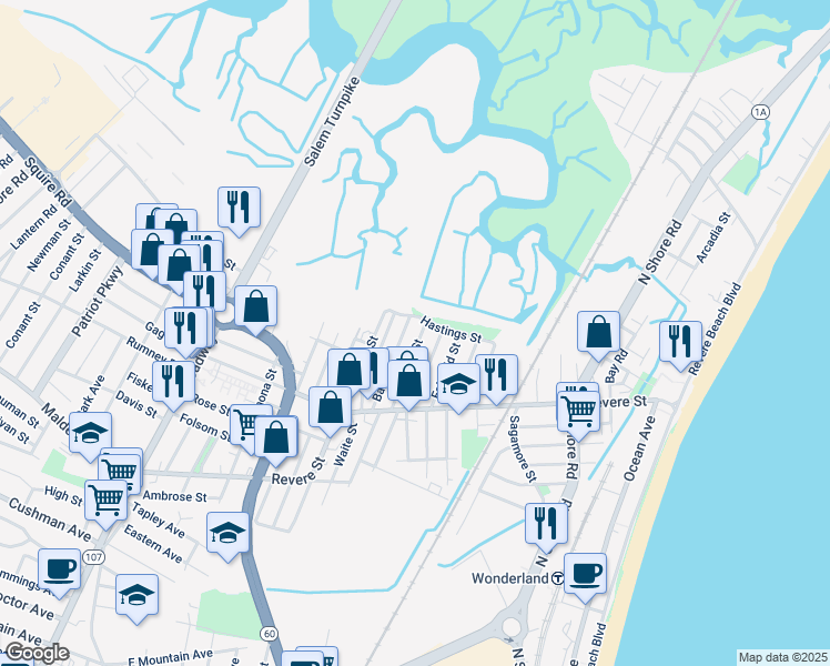 map of restaurants, bars, coffee shops, grocery stores, and more near 57 Thorndike Street in Revere